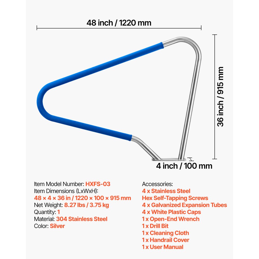 VEVOR Schwimmbad Handlauf, 1220x100x915mm, Tragfähigkeit 100kg, Pool Haltegriff aus Edelstahl 304, abnehmbare rutschfeste Hülle, umfangreiches Zubehör, für Poolbereiche, Wasserparks & Spa-Zentren
