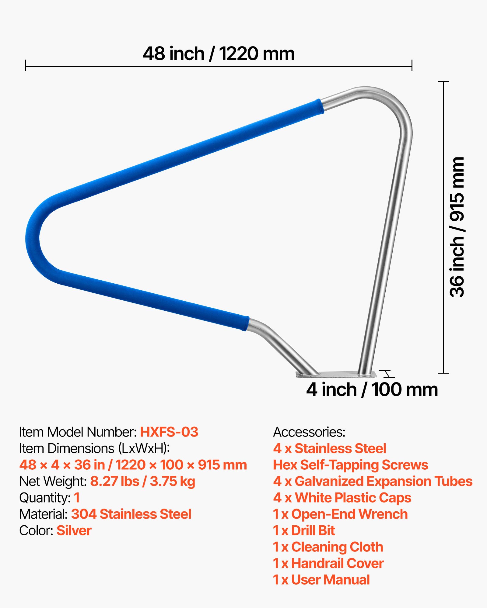VEVOR Schwimmbad Handlauf, 1220x100x915mm, Tragfähigkeit 100kg, Pool Haltegriff aus Edelstahl 304, abnehmbare rutschfeste Hülle, umfangreiches Zubehör, für Poolbereiche, Wasserparks & Spa-Zentren