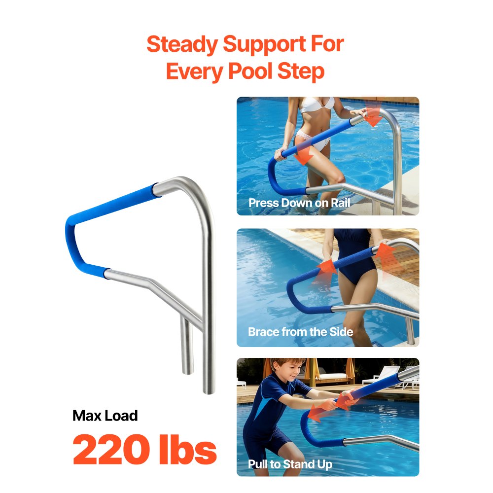 VEVOR Schwimmbad Handlauf, 1371x48x813 mm, 100 kg Tragfähigkeit, Pool Haltegriff aus Edelstahl 304, abnehmbare rutschfeste Hülse, Einbau-/ Bodenmontage, Einstiegshilfe für Poolbereich & Wasserparks