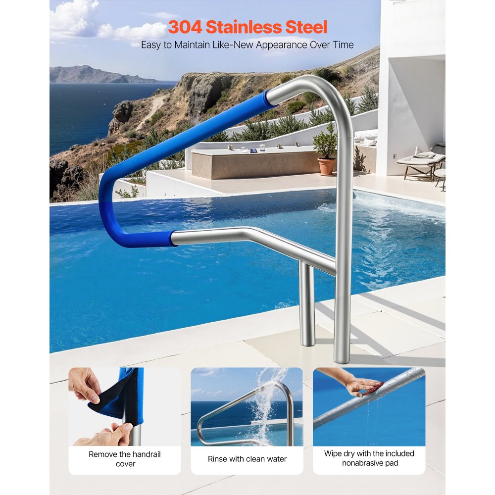 VEVOR Schwimmbad Handlauf, 1371x48x813 mm, 100 kg Tragfähigkeit, Pool Haltegriff aus Edelstahl 304, abnehmbare rutschfeste Hülse, Einbau-/ Bodenmontage, Einstiegshilfe für Poolbereich & Wasserparks