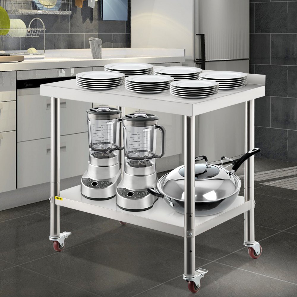 VEVOR Stainless Steel Prep Table, 35 x 24 x 35.6 Inch, 440lbs Load Capacity Heavy Duty Metal Worktable with Backsplash Adjustable Undershelf & 4 Casters, Commercial Workstation for Kitchen Restaurant