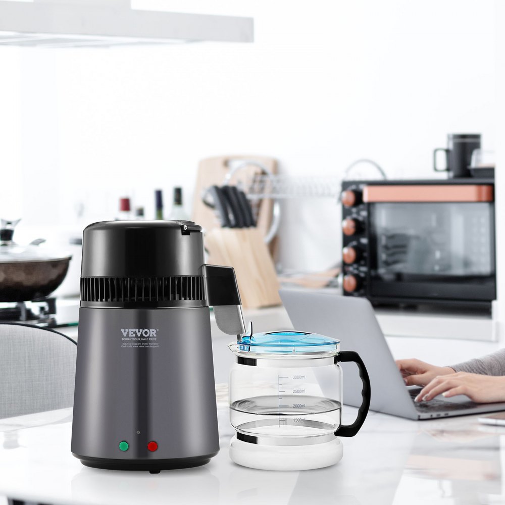 VEVOR Wasser Destilliergerät Wasserdestillierer, 4 L Reinwasser Filter für Haus Arbeitsplatte, 750 W destilliertes Wasser Maker Grau, Edelstahl Innenraum Destilliergerät Wasser Maschine, 1 L pro Std.