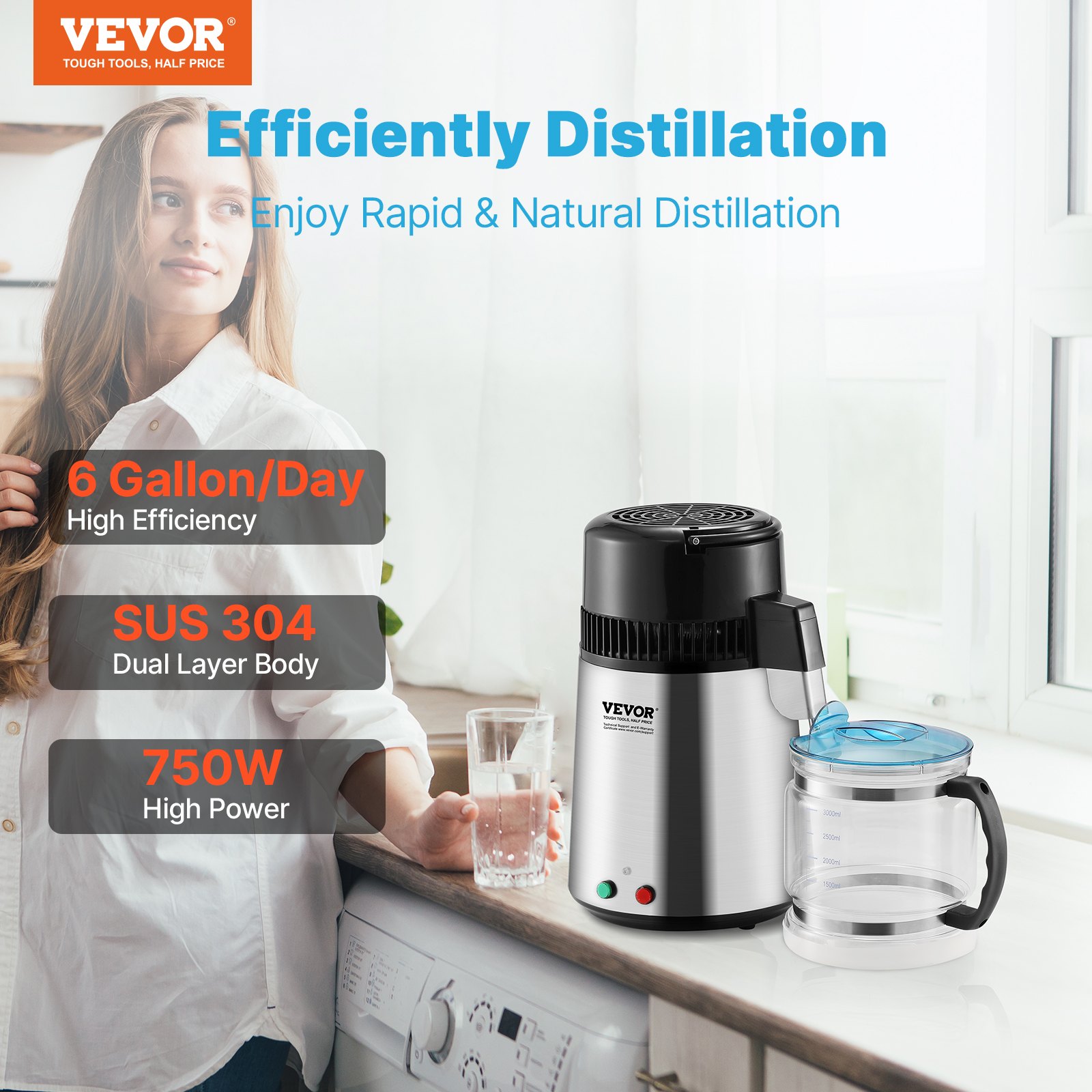 VEVOR Wasser-Destilliergerät Destilliergerät, 4 L Gereinigtes Wasser Reiniger Filter, 750 W Destilliertes Wasser Maker, Edelstahl Innenraum Destilliergerät Wasser Silber Haushalt 1 LWasser pro Std.