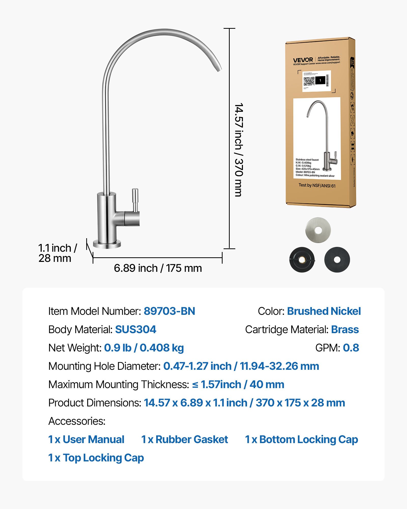 VEVOR Edelstahl Wasserhahn bleifreier Trinkwasserhahn, Umkehrosmose-Wasserhahn mit massivem Messingventil, hochgewölbter gefilterter Wasserhahn für Küchenspüle Bartheke Café gebürstetes Nickel
