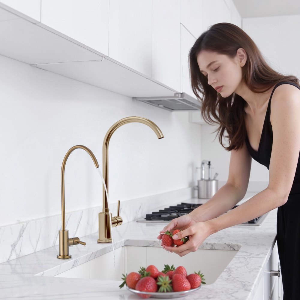 VEVOR Edelstahl Wasserhahn bleifreier Trinkwasserhahn, Umkehrosmose-Wasserhahn mit massivem Messingventil, Filterwasserhahn für Küchenspüle Bartheke Café gebürstetes Gold, rostfrei und langlebig