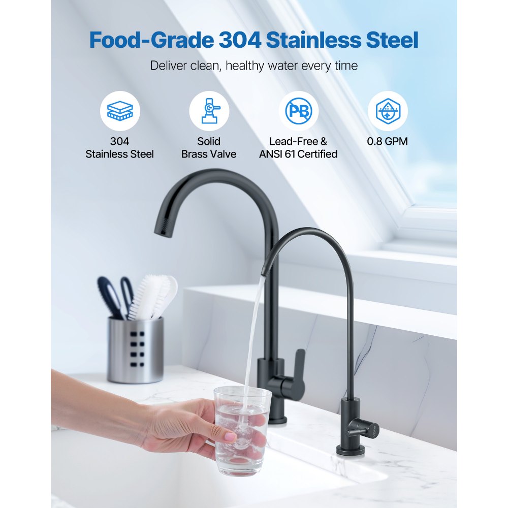 VEVOR Edelstahl Wasserhahn bleifreier Trinkwasserhahn, Umkehrosmose-Wasserhahn mit massivem Messingventil, hochgewölbter gefilterter Wasserhahn für Küchenspüle Bartheke Café Mattschwarz