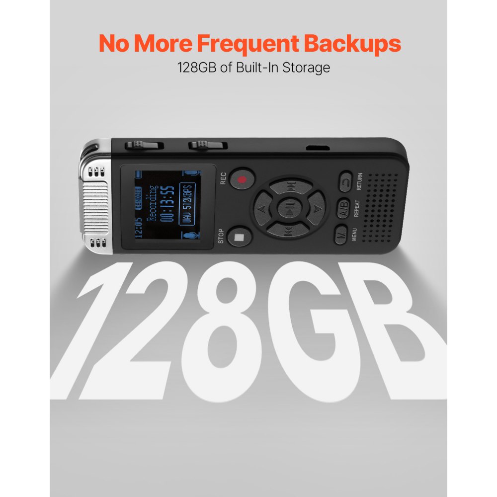 VEVOR Digitaler Sprachrekorder, 128 GB, Diktiergerät mit Wiedergabe, Audioaufnahmegerät mit Passwort USB, 8730 Stunden Speicher, 40 Stunden kontinuierliche Aufnahme, für Vorträge, Meetings