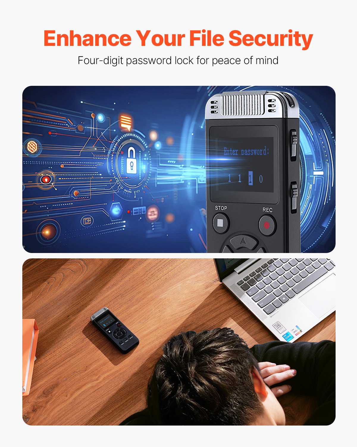 VEVOR Digitaler Sprachrekorder, 128 GB, Diktiergerät mit Wiedergabe, Audioaufnahmegerät mit Passwort USB, 8730 Stunden Speicher, 40 Stunden kontinuierliche Aufnahme, für Vorträge, Meetings