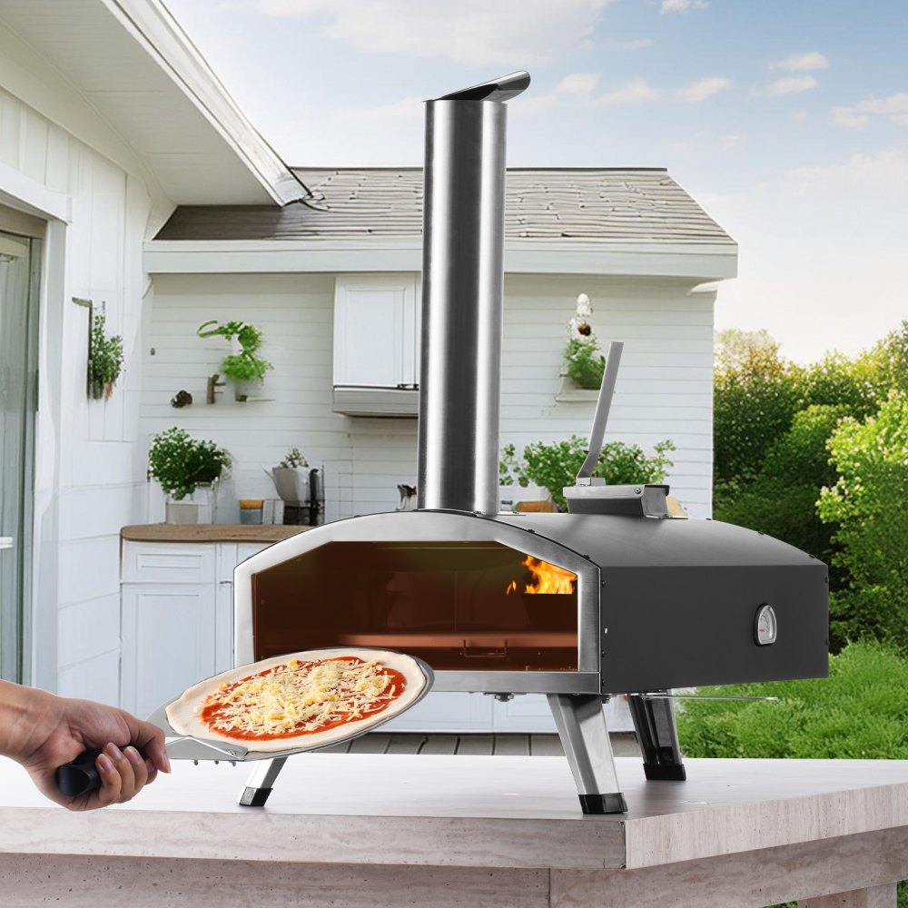 VEVOR Tragbarer Outdoor-Ofen, 12-Zoll-Pizzaofen, Pellets & Chips & Holzkohle Tri-Fuel, Pizzagrill mit Eisenspray, Inkl. 210° drehbarem Pizzastein, Schaufel, Ideal für Camping & Garten, Schwarz