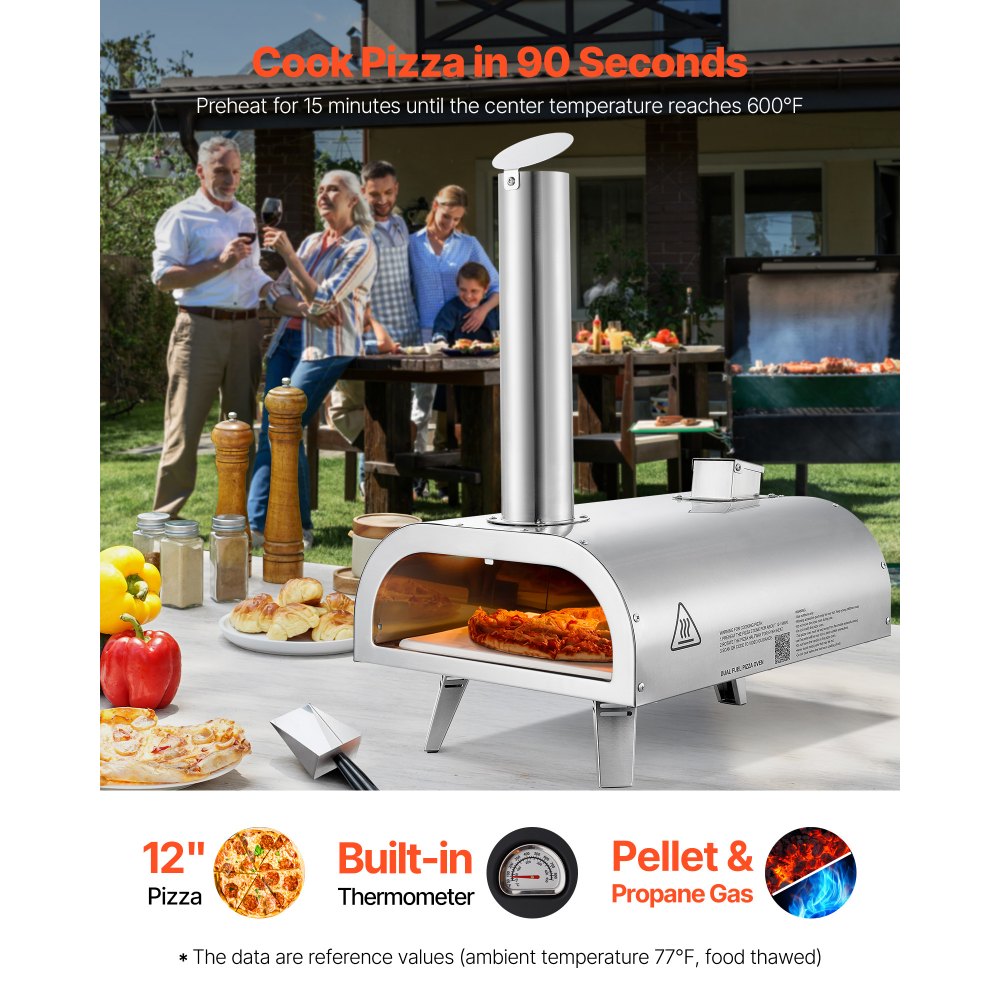 VEVOR Dual-Fuel-Pizzaofen Outdoor, 12 Zoll Holzfeuer & Propangas-Pizzaofen, Pellet- & Propan-Pizzamaker mit Thermometer & klappbarem Bein, Pizzakocher für Camping im Freien & Garten