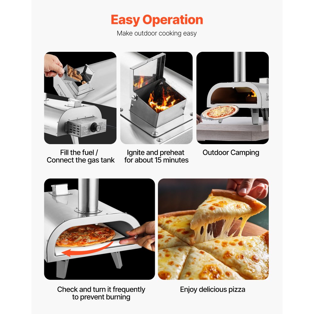 VEVOR Dual-Fuel-Pizzaofen Outdoor, 12 Zoll Holzfeuer & Propangas-Pizzaofen, Pellet- & Propan-Pizzamaker mit Thermometer & klappbarem Bein, Pizzakocher für Camping im Freien & Garten