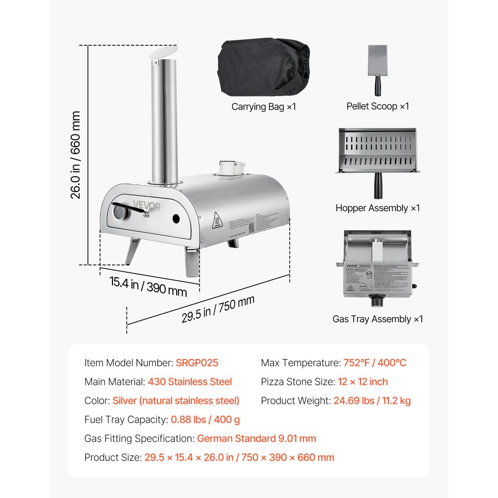 VEVOR Dual-Fuel-Pizzaofen Outdoor, 12 Zoll Holzfeuer & Propangas-Pizzaofen, Pellet- & Propan-Pizzamaker mit Thermometer & klappbarem Bein, Pizzakocher für Camping im Freien & Garten