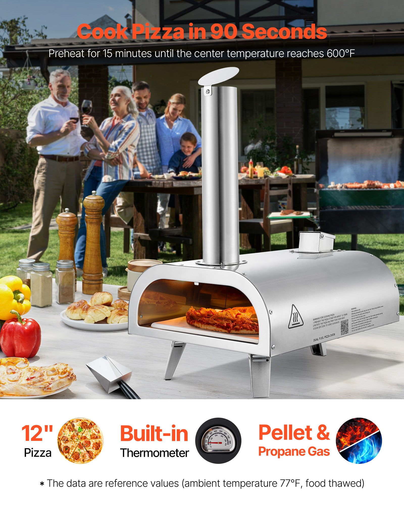 VEVOR Dual-Fuel-Pizzaofen Outdoor, 12 Zoll Holzfeuer & Propangas-Pizzaofen, Pellet- & Propan-Pizzamaker mit Thermometer & klappbarem Bein, Pizzakocher für Camping im Freien & Garten