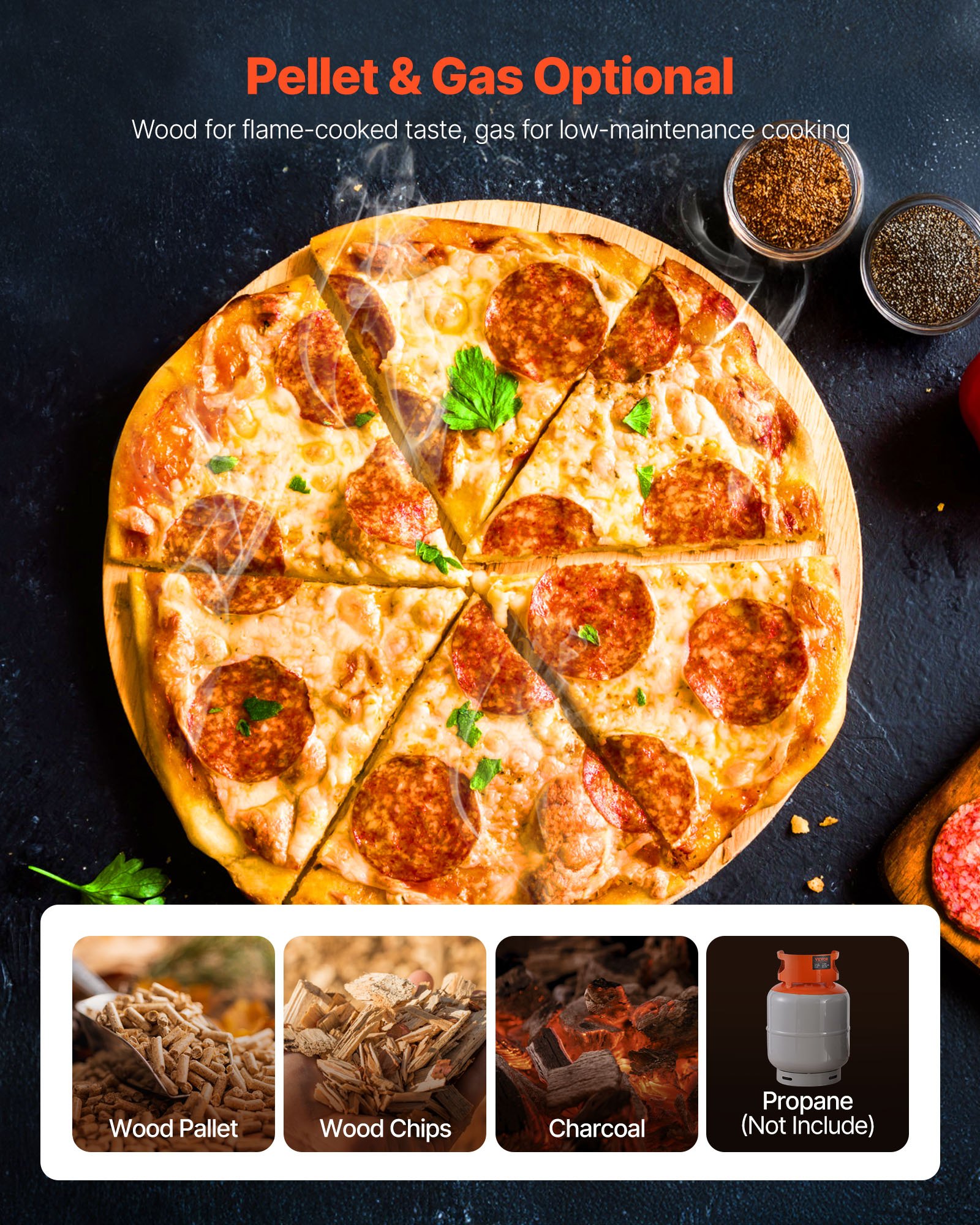VEVOR Dual-Fuel-Pizzaofen Outdoor, 12 Zoll Holzfeuer & Propangas-Pizzaofen, Pellet- & Propan-Pizzamaker mit Thermometer & klappbarem Bein, Pizzakocher für Camping im Freien & Garten