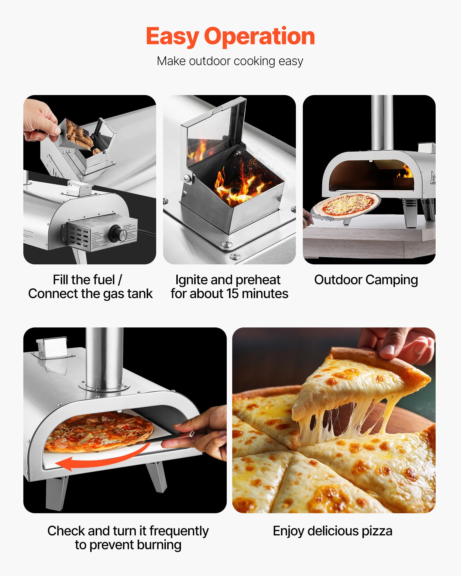 VEVOR Dual-Fuel-Pizzaofen Outdoor, 12 Zoll Holzfeuer & Propangas-Pizzaofen, Pellet- & Propan-Pizzamaker mit Thermometer & klappbarem Bein, Pizzakocher für Camping im Freien & Garten