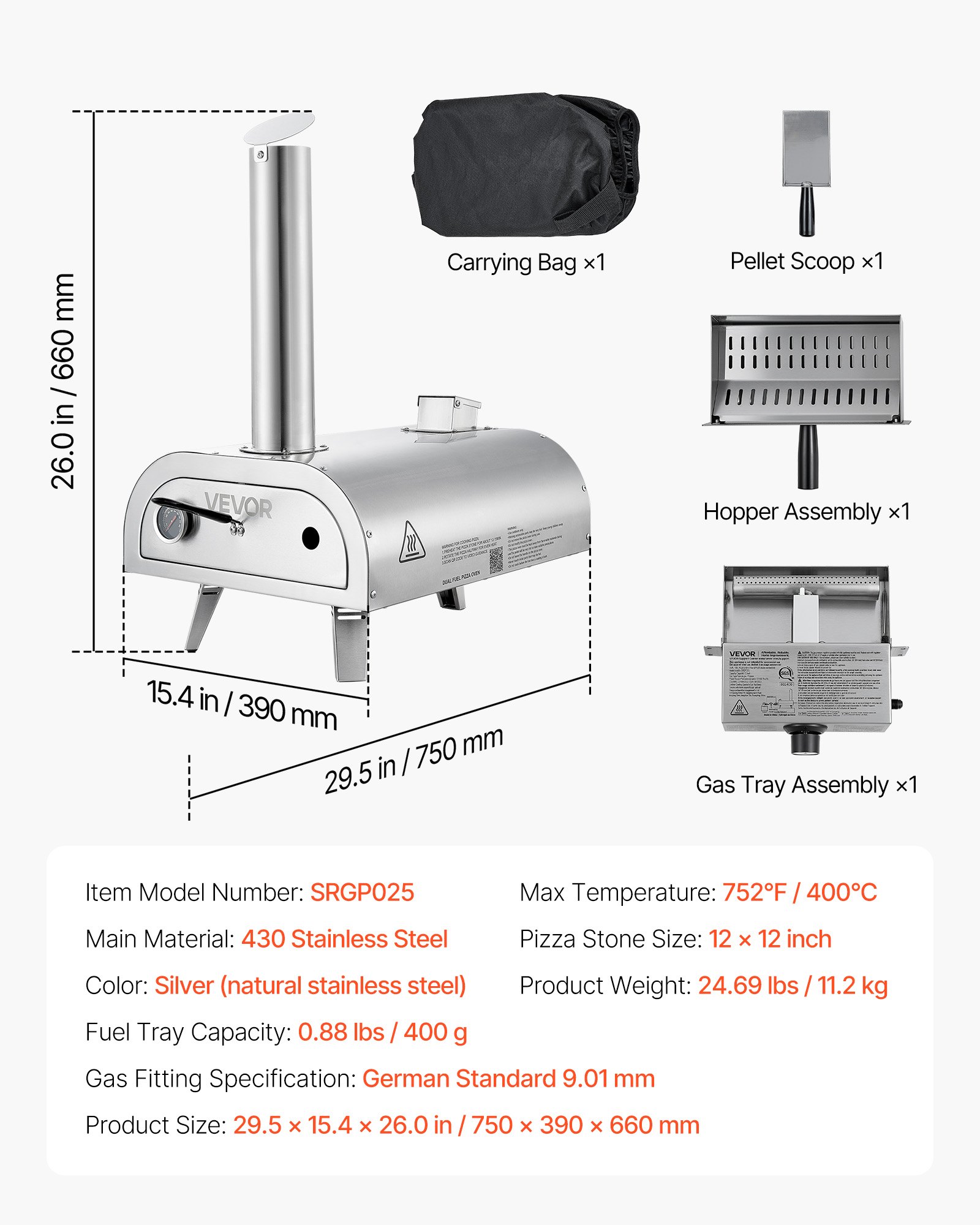VEVOR Dual-Fuel-Pizzaofen Outdoor, 12 Zoll Holzfeuer & Propangas-Pizzaofen, Pellet- & Propan-Pizzamaker mit Thermometer & klappbarem Bein, Pizzakocher für Camping im Freien & Garten
