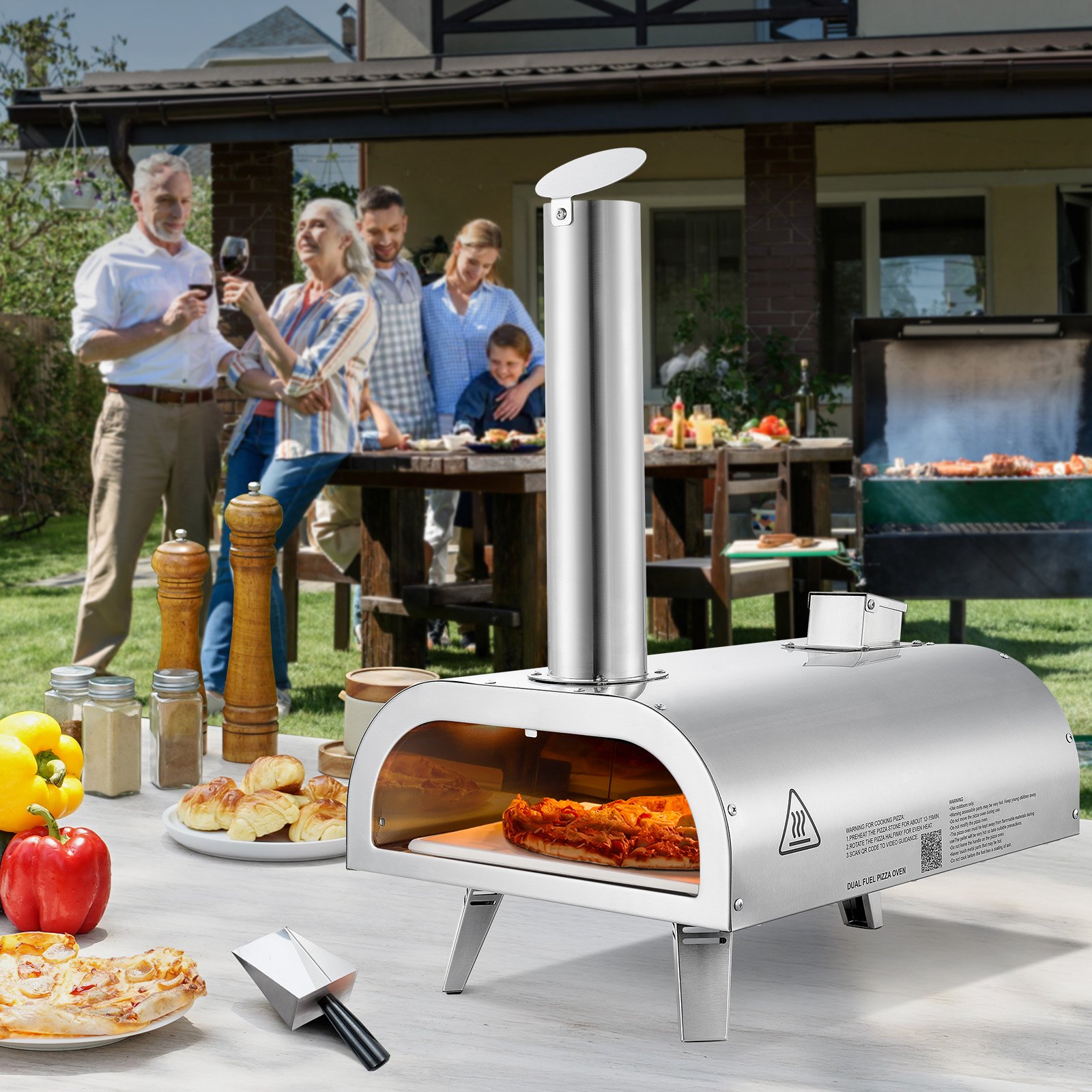 VEVOR Dual-Fuel-Pizzaofen Outdoor, 12 Zoll Holzfeuer & Propangas-Pizzaofen, Pellet- & Propan-Pizzamaker mit Thermometer & klappbarem Bein, Pizzakocher für Camping im Freien & Garten