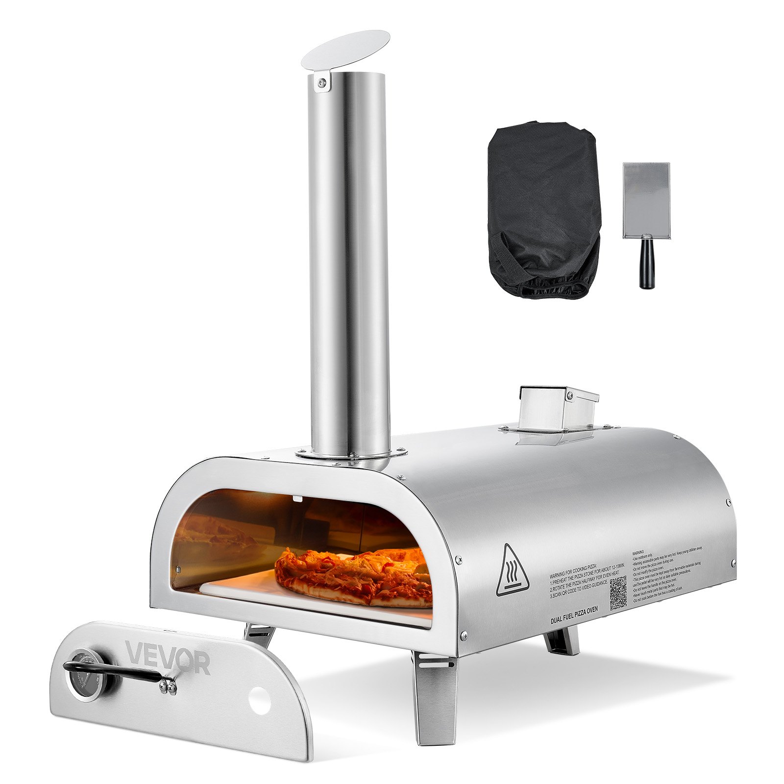 VEVOR Dual-Fuel-Pizzaofen Outdoor, 12 Zoll Holzfeuer & Propangas-Pizzaofen, Pellet- & Propan-Pizzamaker mit Thermometer & klappbarem Bein, Pizzakocher für Camping im Freien & Garten