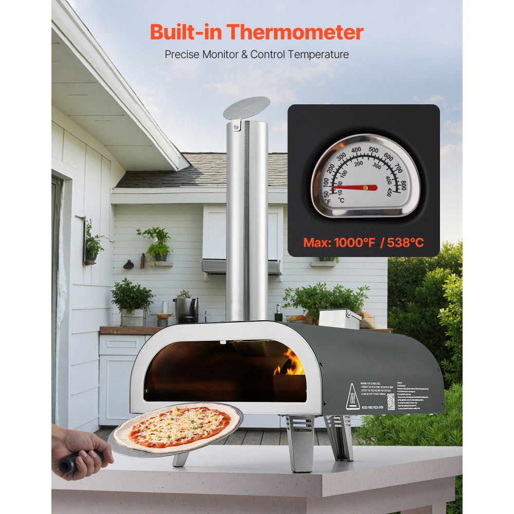 VEVOR Pizzaofen Outdoor 12 Zoll Pellet-Pizzaofen mit eingebautem Thermometer (max. 540 °C) & Schaufel & Tragtasche, tragbarer Pizzamaker für Garten Camping, Silber