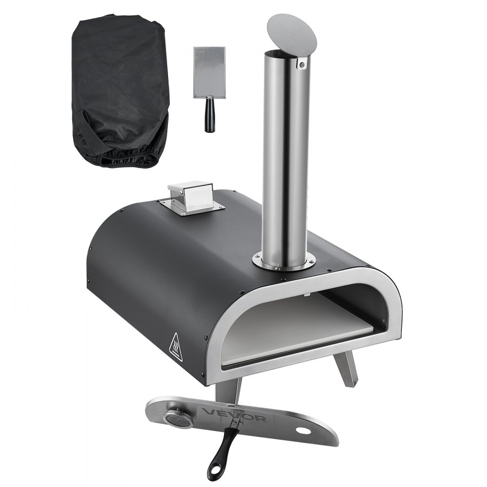 VEVOR Pizzaofen Outdoor 12 Zoll Pellet-Pizzaofen mit eingebautem Thermometer (max. 540 °C) & Schaufel & Tragtasche, tragbarer Pizzamaker für Garten Camping, Silber