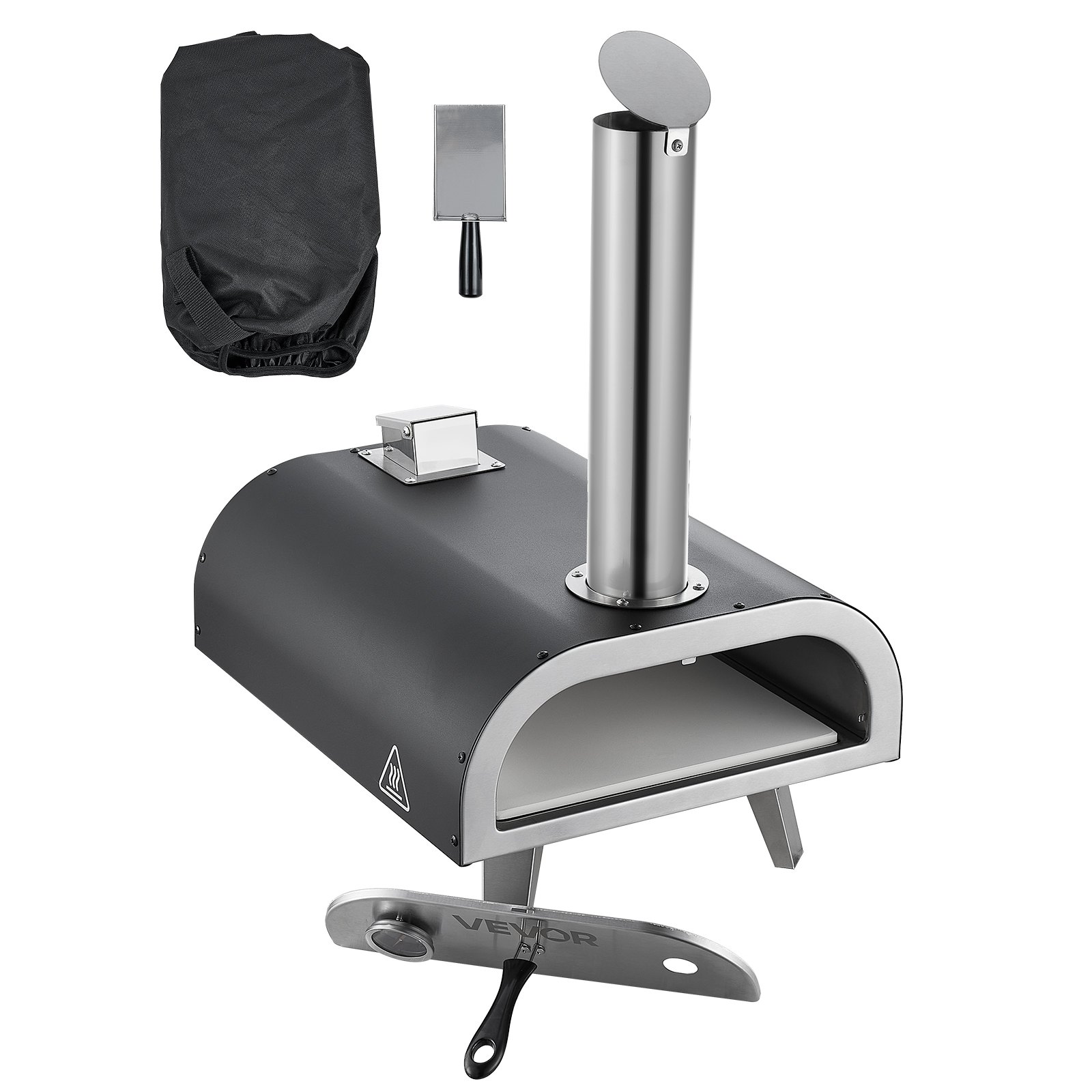 VEVOR Pizzaofen Outdoor 12 Zoll Pellet-Pizzaofen mit eingebautem Thermometer (max. 540 °C) & Schaufel & Tragtasche, tragbarer Pizzamaker für Garten Camping, Silber