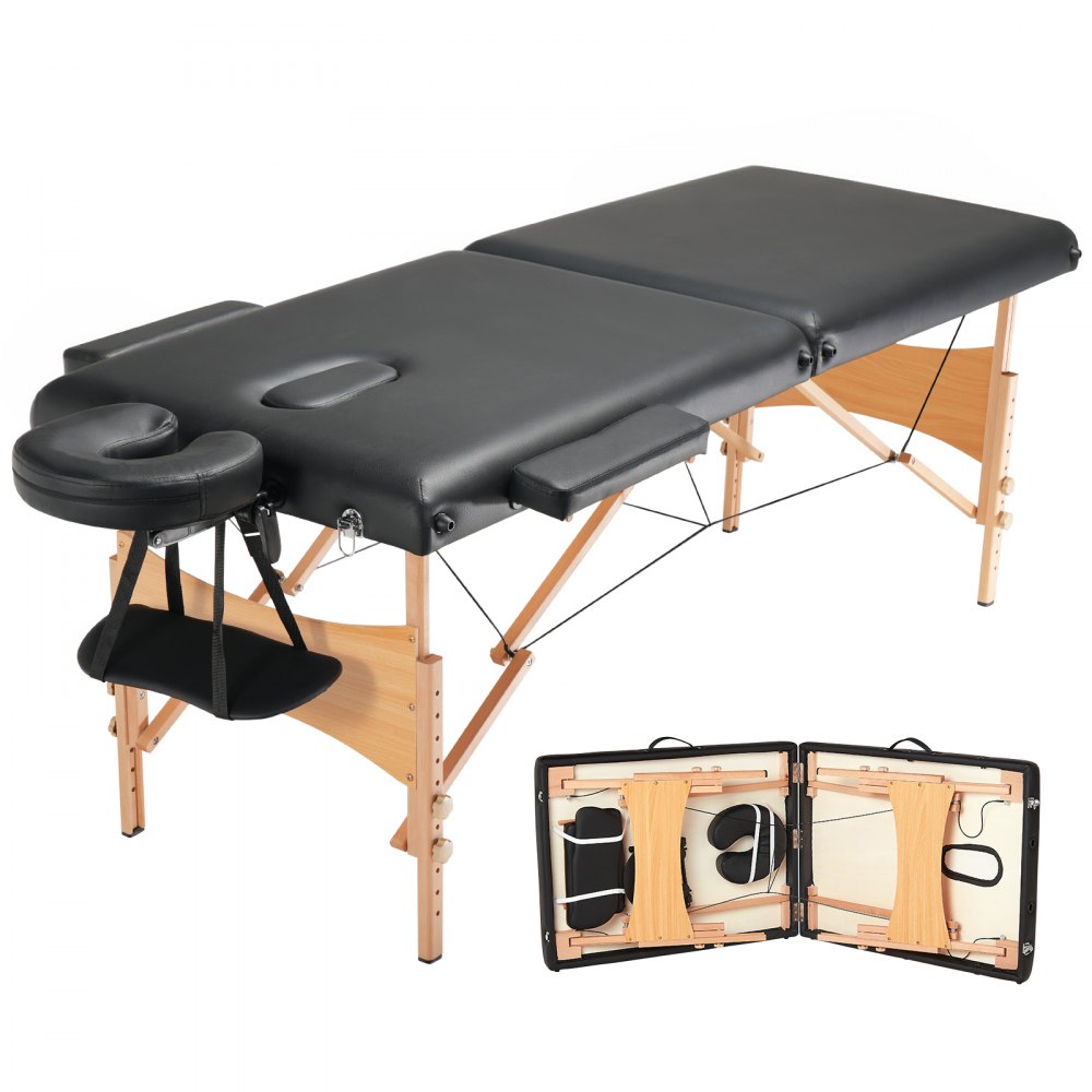 Tragbarer Massagetisch von VEVOR mit schwarzem Kissen, Holzbeinen und faltbarem Design für einfachen Transport.