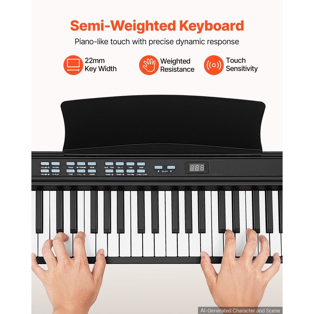 VEVOR Digitalpiano 88 Tasten Halbgewichtet E-Piano Elektronisches Keyboard Geeignet für Anfänger und Fortgeschrittene, 128 Klänge und Rhythmen, HiFi-Stereolautsprecher, Pedal, Notenablage, USB/MIDI