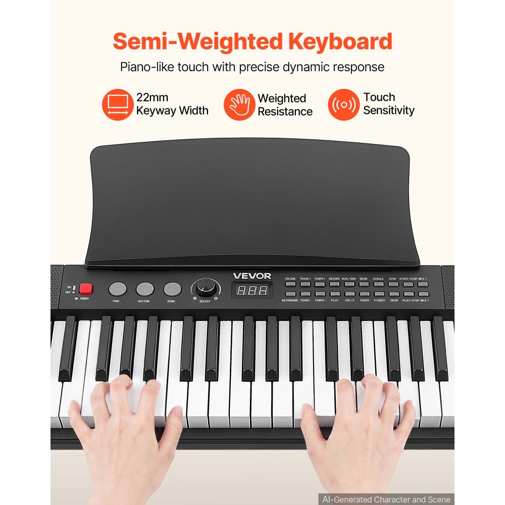 VEVOR Digitalpiano 61 Tasten Halbgewichtet E-Piano mit Ständer Klavierhocker, 128 Klänge, 128 Rhythmen, HiFi-Stereolautsprecher, 3,5-mm-Kopfhörerbuchse, Sustain-Pedal, USB/MIDI und Notenablage