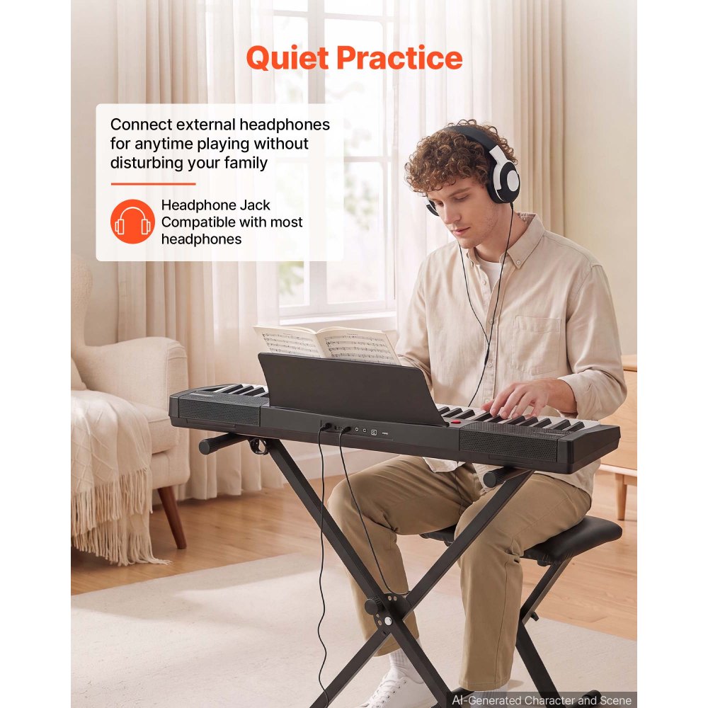 VEVOR Digitalpiano 61 Tasten Halbgewichtet E-Piano mit Ständer Klavierhocker, 128 Klänge, 128 Rhythmen, HiFi-Stereolautsprecher, 3,5-mm-Kopfhörerbuchse, Sustain-Pedal, USB/MIDI und Notenablage