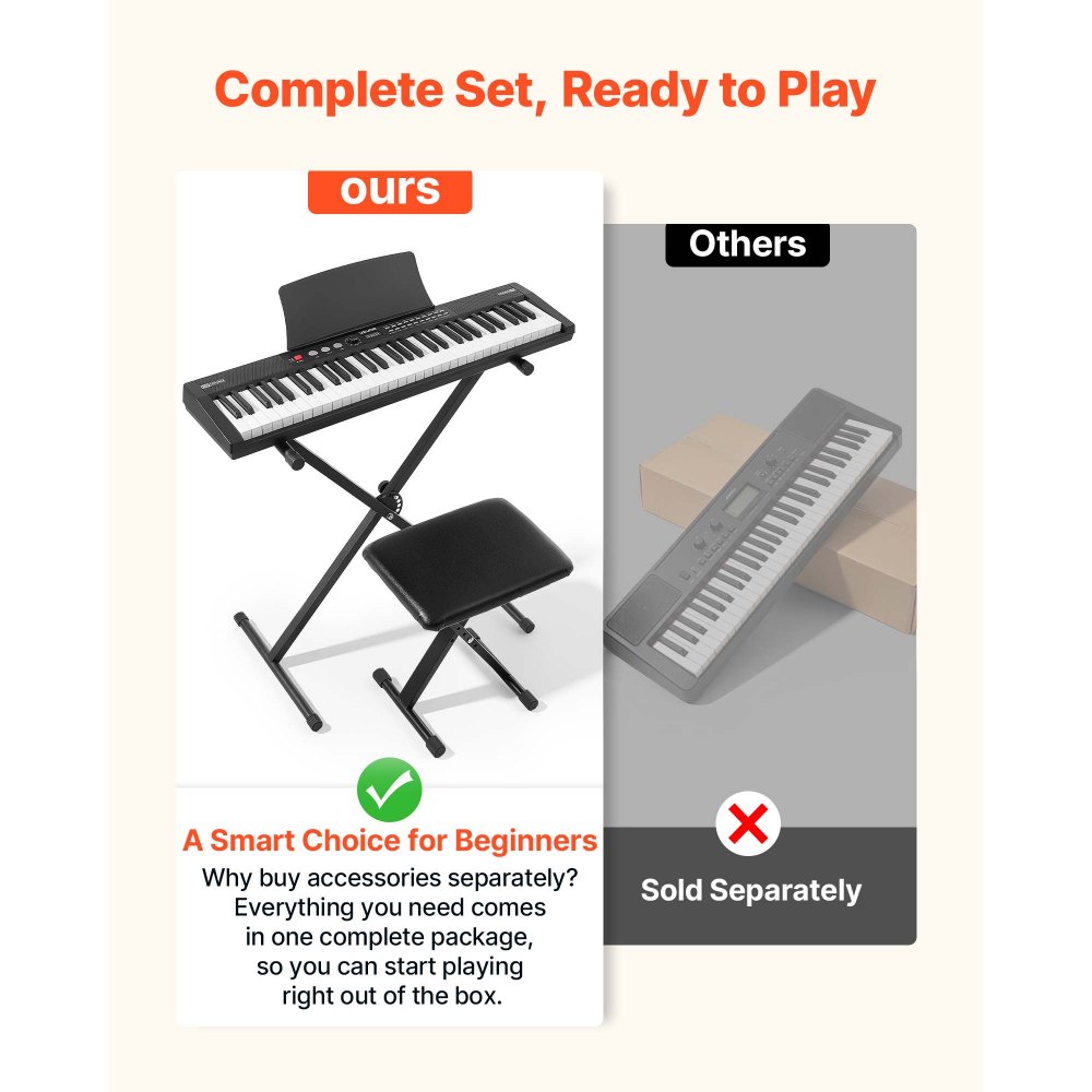 VEVOR Digitalpiano 61 Tasten Halbgewichtet E-Piano mit Ständer Klavierhocker, 128 Klänge, 128 Rhythmen, HiFi-Stereolautsprecher, 3,5-mm-Kopfhörerbuchse, Sustain-Pedal, USB/MIDI und Notenablage