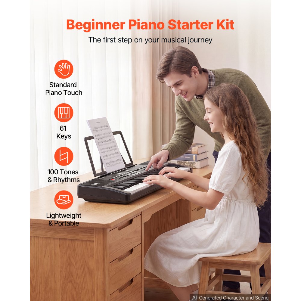 VEVOR Digitalpiano 61 Tasten Halbgewichtet E-Piano Elektronisches Keyboard für Anfänger und Musikliebhaber, 100 Klänge und Rhythmen, mit HiFi-Stereolautsprecher, Notenablage, USB-/MIDI-Anschluss