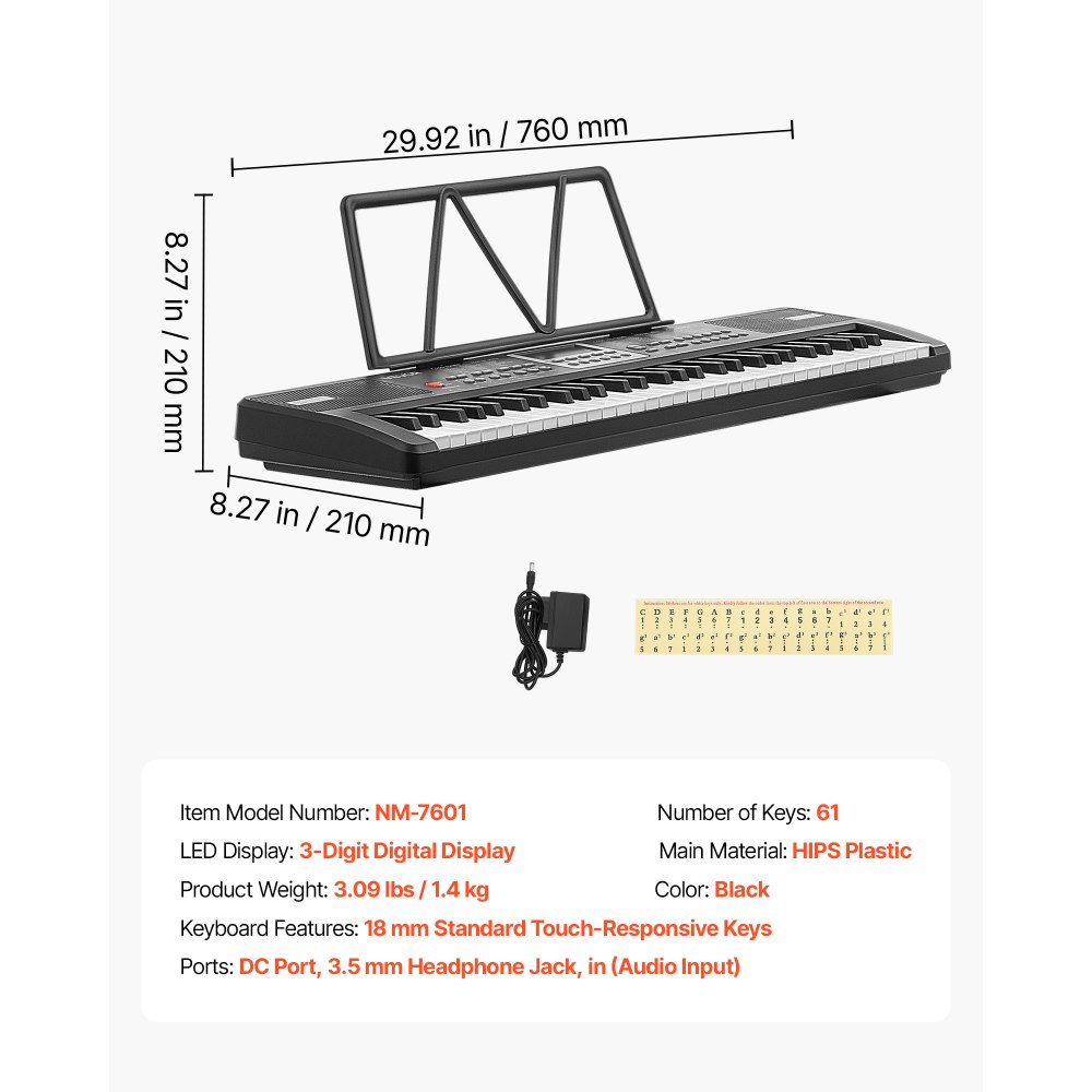 VEVOR Digitalpiano 61 Tasten Halbgewichtet E-Piano Elektronisches Keyboard für Anfänger und Musikliebhaber, 100 Klänge und Rhythmen, mit HiFi-Stereolautsprecher, Notenablage, USB-/MIDI-Anschluss