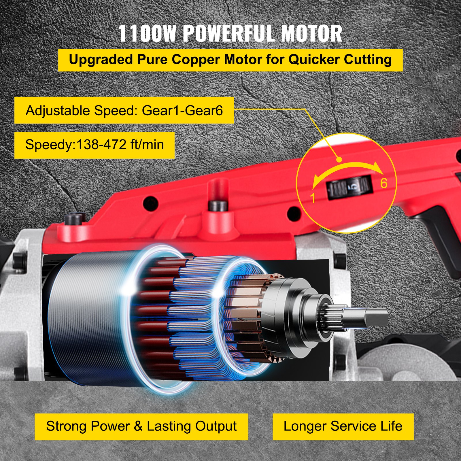 VEVOR Bandsäge 12,7 cm Schnittgröße 1100 W 2,9 A Sägeband Stahl, Eisensäge 200 cm Kabel 6 Stufe Geschwindigkeit Metallbandsägemaschine, Bandsäge für anspruchsvolle Anwender, Eisensäge 55 × 17 × 29 cm