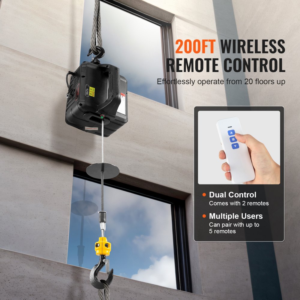 VEVOR 2 in 1 Elektrische Seilwinde 498,95kg Tragfähigkeit Seilhebezug Hubgeschwindigkeit ≥4m/min Motorwinde 7m Hubhöhe Seilhebezug 1500W Seilzug 2 Steuer-Modi Manuell/Kabellos