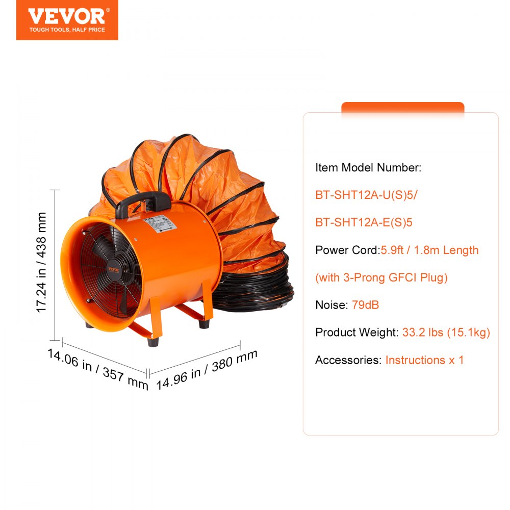 VEVOR Bauventilator 367-W-AC-Motor Baugebläse 2800 U/min Baulüfter Gebläse 2574 CFM (4373 m3/h) Axiallüfter mit 5 m Schlauch Axialgebläse 79 dB Geräuschpegel Industrielüfter