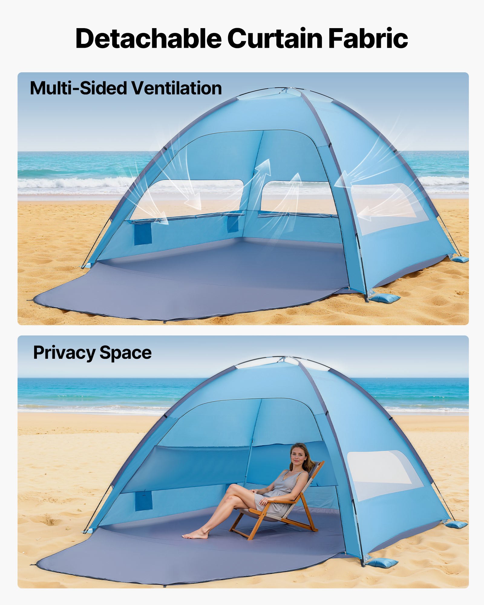 VEVOR Strandmuschel Sonnenschutz für 8 Personen, UPF 50+ Schutz, Tragbares Strandzelt mit Tragetasche & Bodenverankerungen, Leichter Strandsonnenschirm für Camping Angeln Picknick, Sonnenzelt