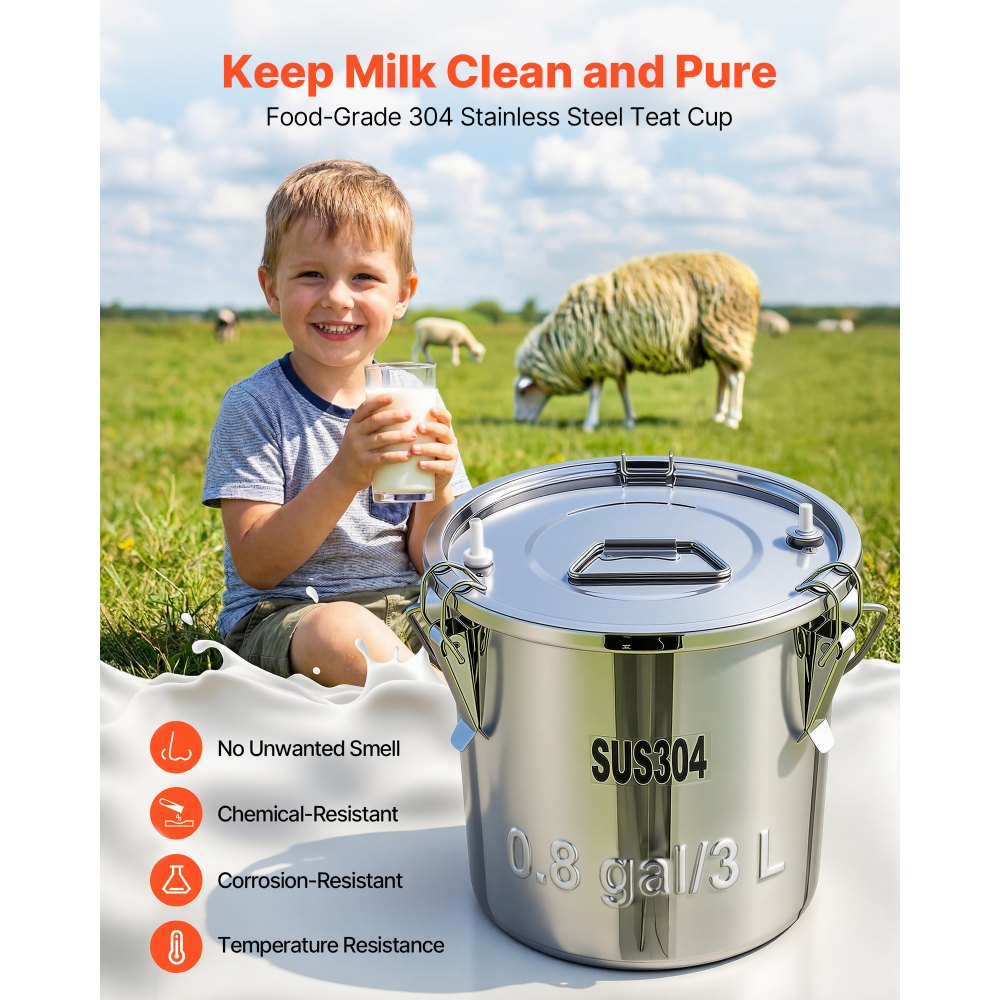 VEVOR Goat Milking Machine, 0.8 Gal / 3 L Food-Grade Stainless Steel Bucket, with 5200 mAh Rechargeable Battery, 2 Teat Cups, Cordless Portable Pulsation Vaccum Electric Milking Machine for Goats Only