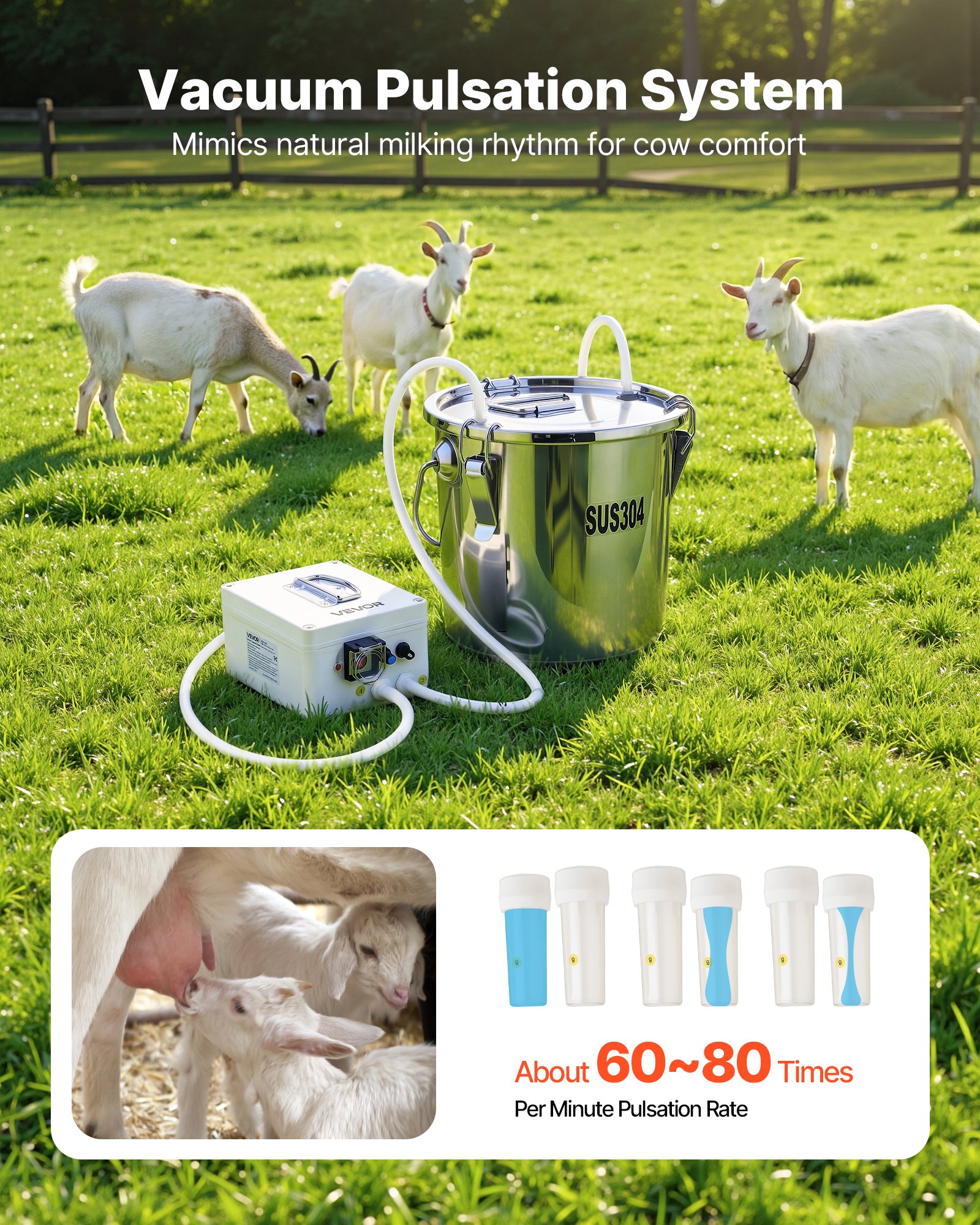 VEVOR Goat Milking Machine, 0.8 Gal / 3 L Food-Grade Stainless Steel Bucket, with 5200 mAh Rechargeable Battery, 2 Teat Cups, Cordless Portable Pulsation Vaccum Electric Milking Machine for Goats Only