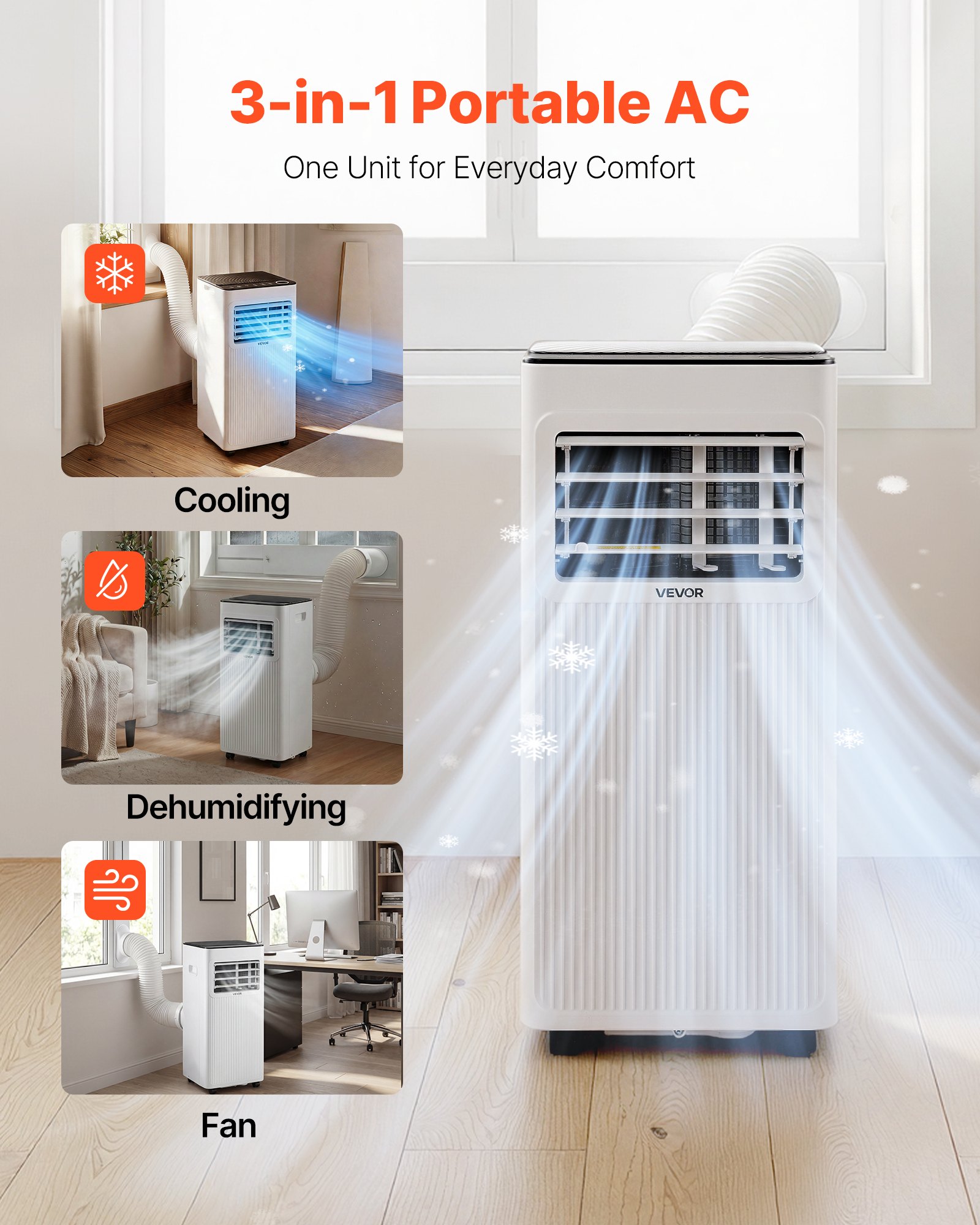 VEVOR Mobile Klimaanlage 7000 BTU 2,05 kW mit Abluftschlauch, 3-in-1 Mobiles Klimagerät mit Kühlung Ventilation Entfeuchtung, Tragbare Klimaanlage mit LED-Display Fernbedienung 24h-Timer für Indoor