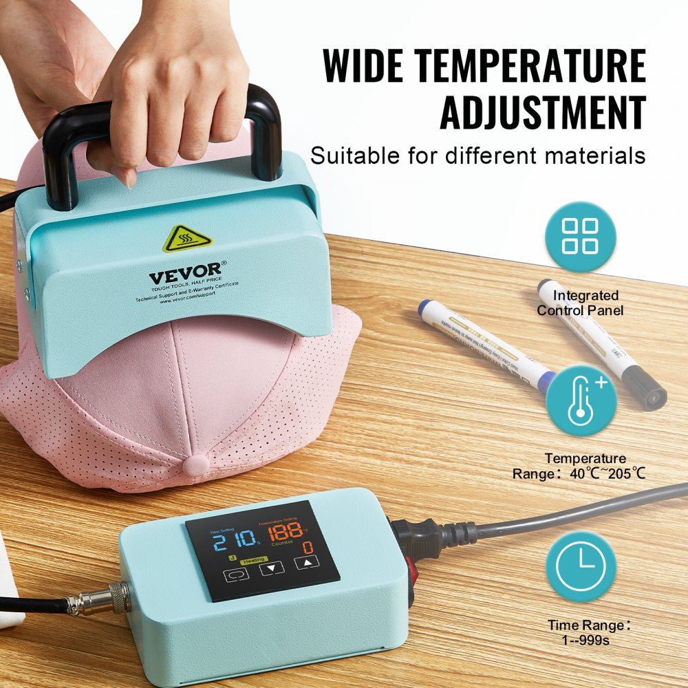 VEVOR Hat Press, Mini Hat Heat Press for Caps with Integrated Control Panel, Cap Press with 15 x 8 cm Curved Heating Plate, Safety Base and Glove, Automatic Shut-Off, Blue