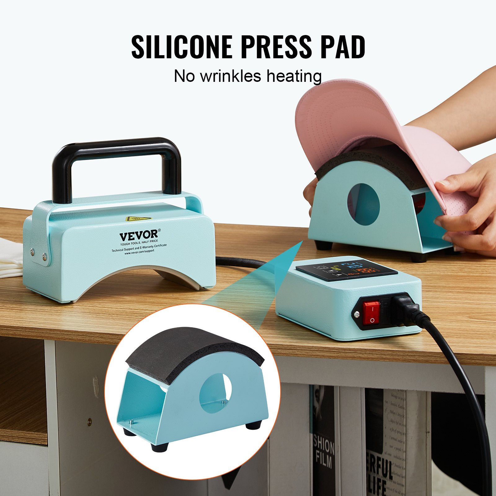 VEVOR Hutpresse, Mini-Hut-Hitzepresse für Kappen mit integriertem Bedienfeld, Kappenpresse mit 15 x 8 cm gebogener Heizplatte, Sicherheitsbasis und Handschuh, automatische Abschaltung, Blau