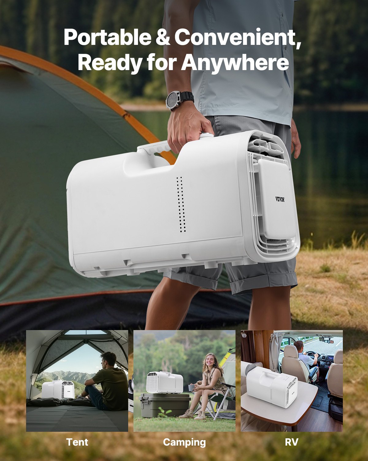 VEVOR Portable Air Conditioner, 4250 BTU 3-Speed Air Conditioner with 24-Hour Timer, Remote Controlled Cooler, Adjustable Temperature 16-32 °C, for Outdoor Camping, RVs or Home Use, 510x270x315mm
