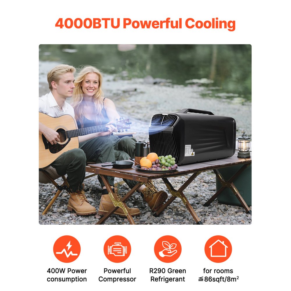 VEVOR Tragbare Klimaanlage, 4000 BTU, 3-Gang-Klimagerät mit 24-Stunden-Timer, Kühler, einstellbar von 16–30 °C, kompatibel mit AC/DC, Camping, Wohnmobil oder Heimgebrauch, 540x300x350 mm
