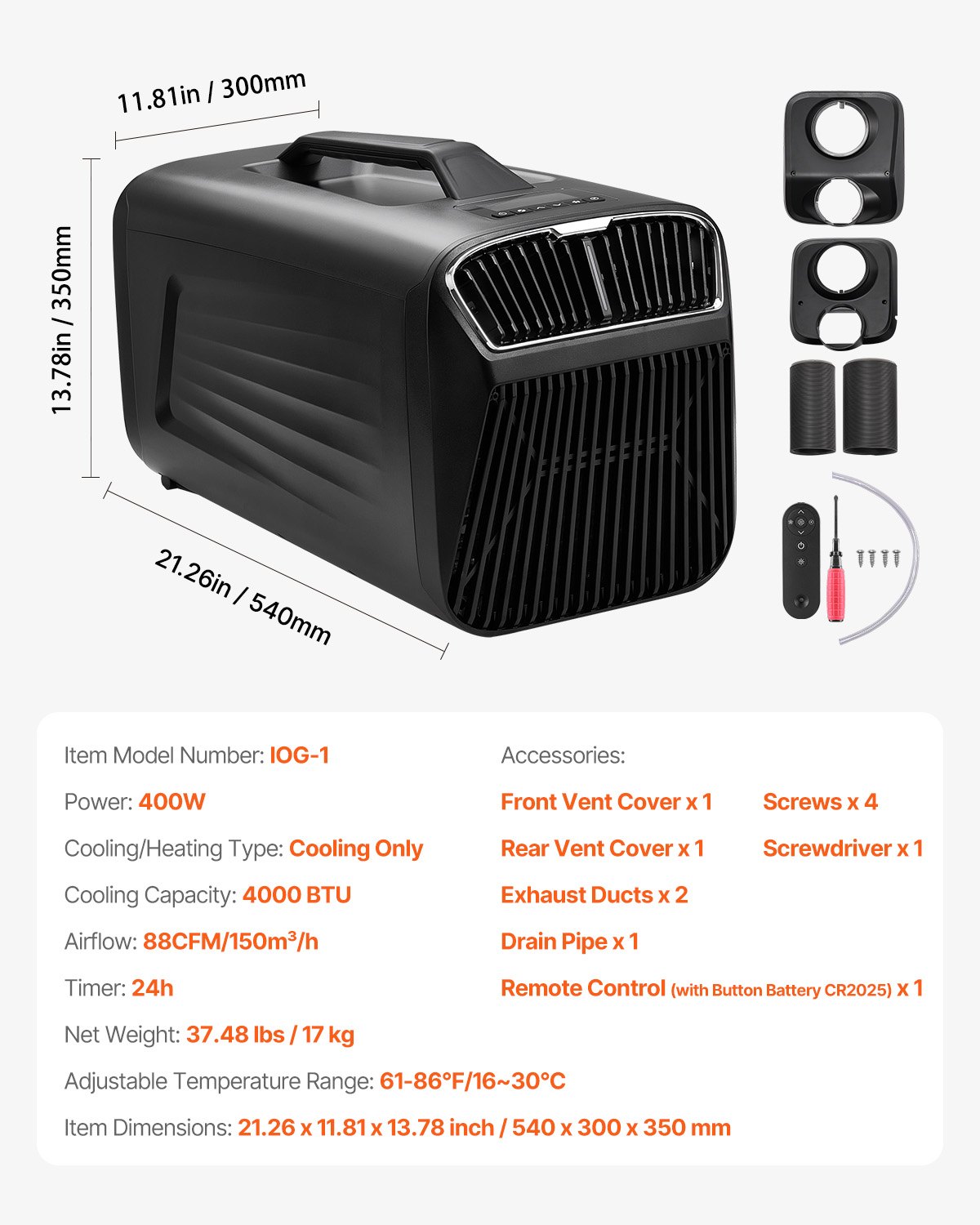 VEVOR Tragbare Klimaanlage, 4000 BTU, 3-Gang-Klimagerät mit 24-Stunden-Timer, Kühler, einstellbar von 16–30 °C, kompatibel mit AC/DC, Camping, Wohnmobil oder Heimgebrauch, 540x300x350 mm