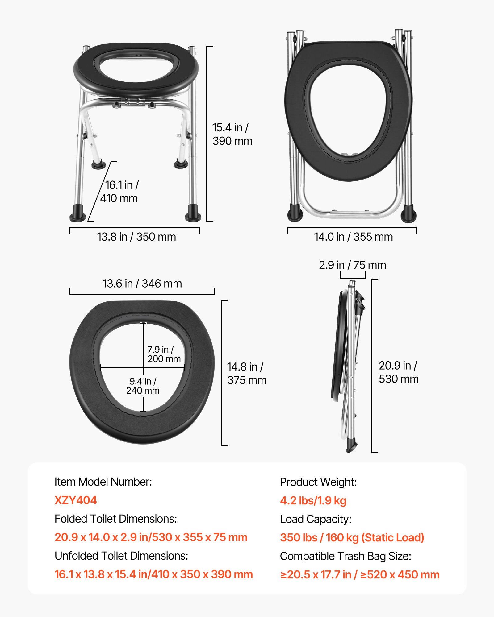 VEVOR Portable Toilet for Camping, 160 kg Weight Capacity, Stainless Steel Foldable Camp Travel Toilet with Soft Seat for Adults, Suitable for Truckers, RV Travel, Camping, Road Trips, Outdoor Use