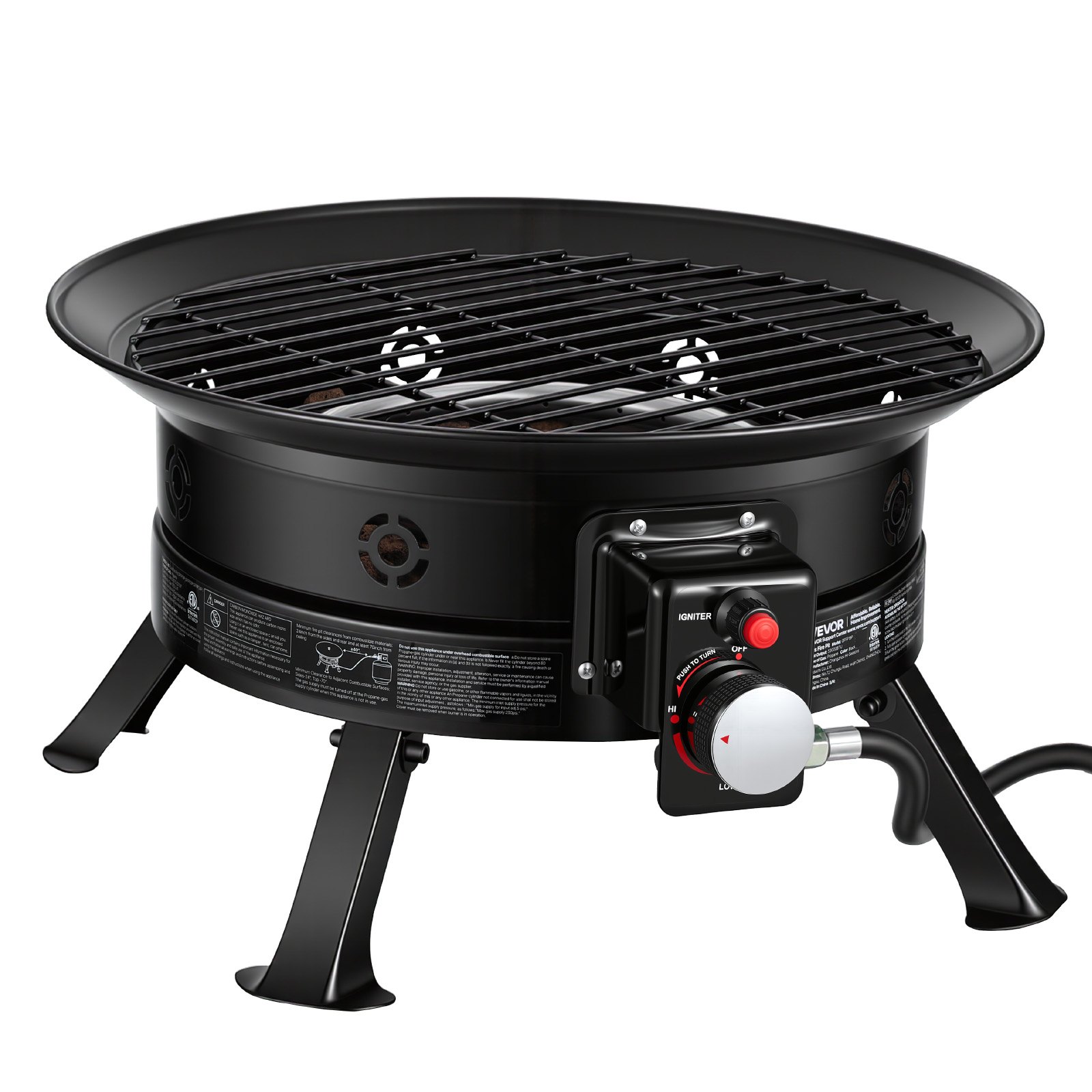 VEVOR Propangas-Feuerstelle 60,5 cm, 53.000 BTU, tragbare Gasfeuerstelle mit Grillrost & Lavasteinen, Regulierbarer Flamme, Klappbaren Beinen, für Camping, Terrasse, Garten, Balkon, Wohnmobil, Schwarz