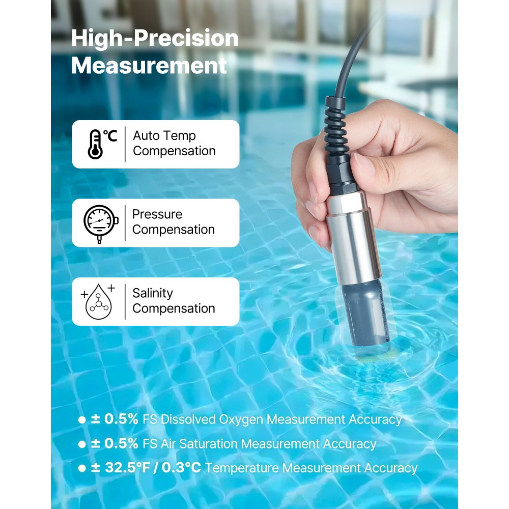 VEVOR Dissolved Oxygen Meter, 0.0-20.0 mg/L Measurement Range, Portable Dissolved Oxygen Tester Kit with 4 m Electrode Cable, Membrane Set and Carrying Case, Data Sets Storage, DO Meter for Ponds