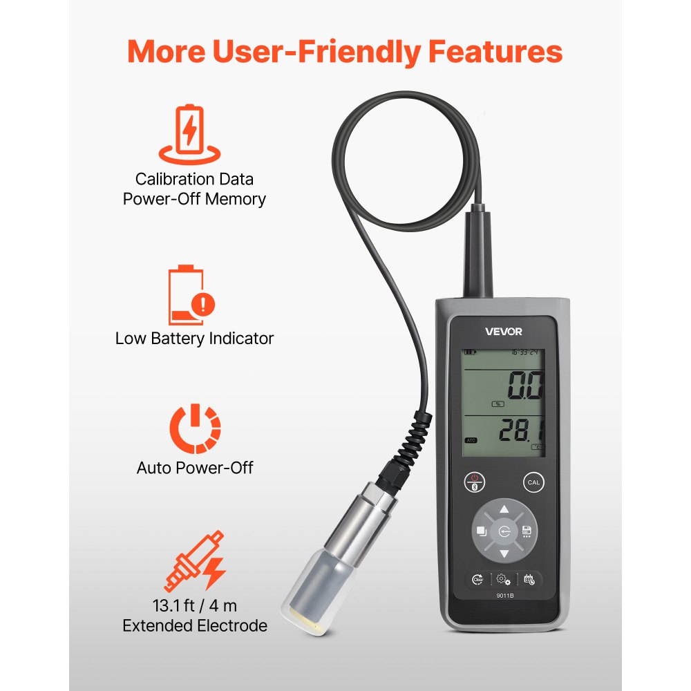 VEVOR Messgerät für gelösten Sauerstoff, Messbereich 0,0–50,0 mg/L, tragbares Testset mit 4 m Elektrodenkabel & Bluetooth/USB-Datenübertragung, Speicherung von Datensätzen, DO-Messgerät