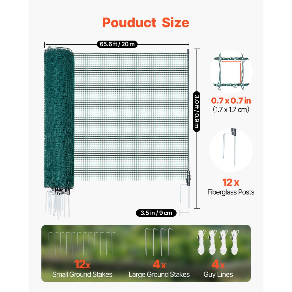 VEVOR Begrenzungszaun 20x0,9 m, Weidezaun aus PE, Mobiler Hundezaun mit Doppelspitzenpfählen & Abspannseilen, Hühnerzaun, Gartenzaun, Campingzaun für Hunde, Hühner, Pflanzen, Außenbereiche