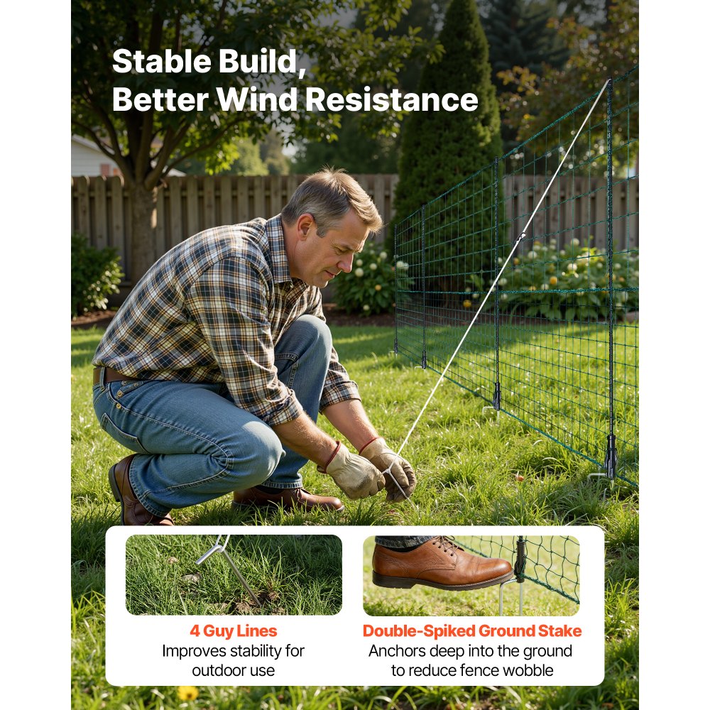 VEVOR Begrenzungszaun 25x1,05 m, Weidezaun aus PE, Mobiler Hundezaun mit Doppelspitzenpfählen & Abspannseilen, Hühnerzaun, Gartenzaun, Campingzaun für Hunde, Hühner, Pflanzen, Außenbereiche